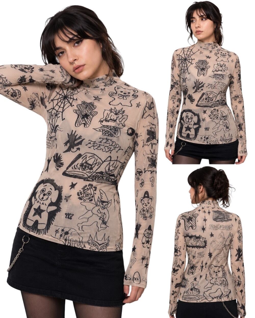 Teddy Fresh Tattoo Print Sheer Mesh Mock Neck Top, Y2K Alt Streetwear, Large